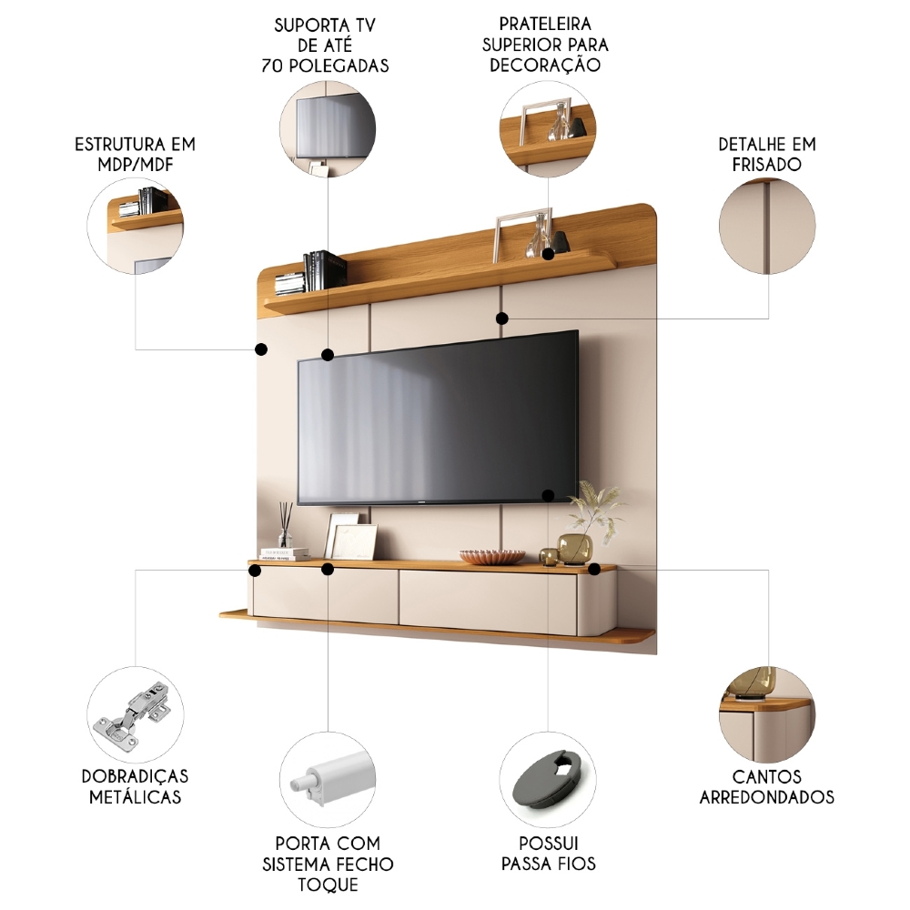 Painel TV 70 Pol 180cm Bancada Suspensa Gava H01 Off/Cinamomo - Mpozenato