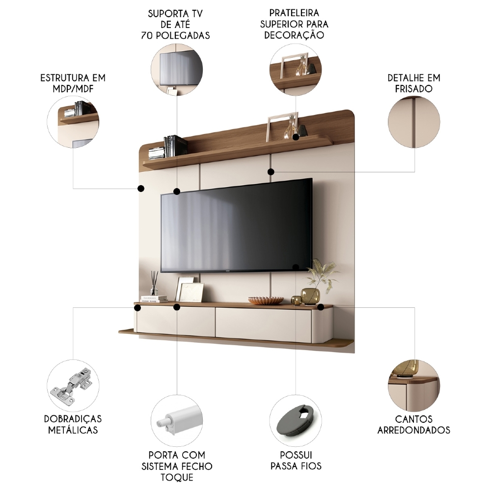 Painel TV 70 Pol 180cm Bancada Suspensa Gava H01 Off/Castanho - Mpozenato
