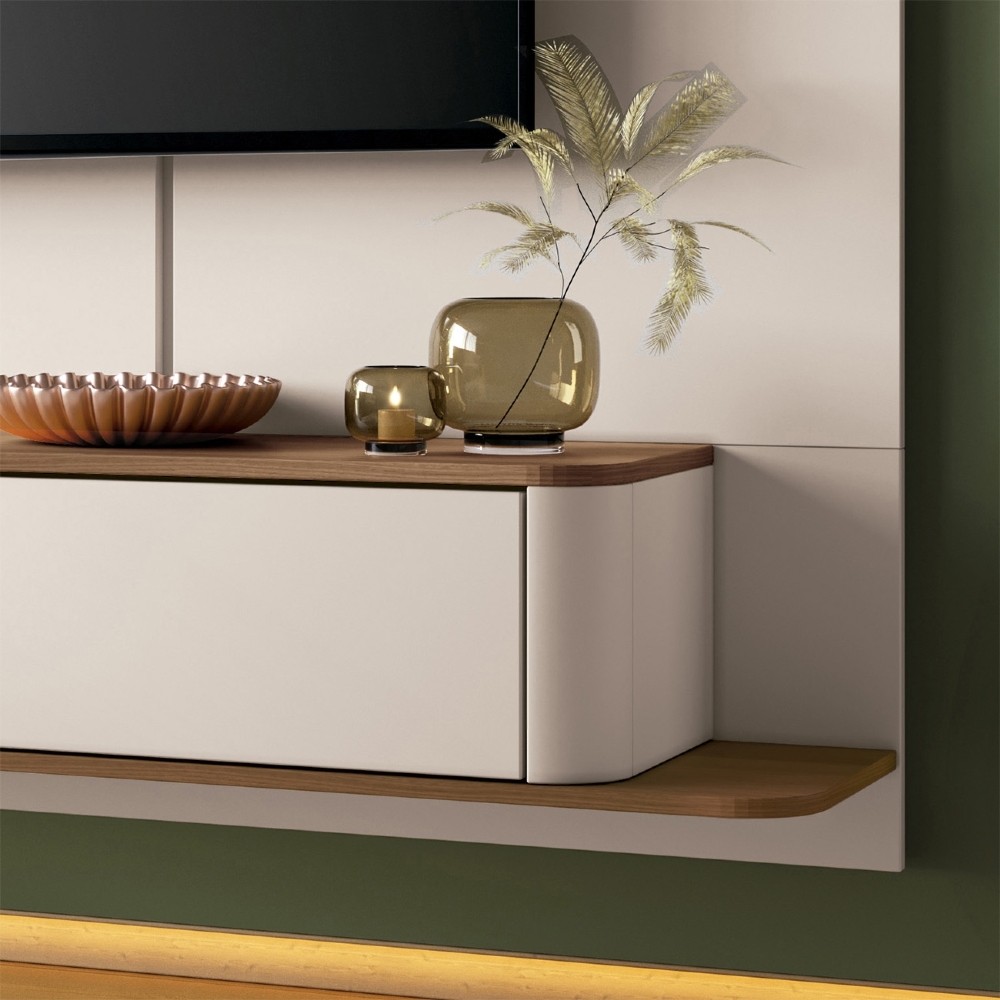 Painel TV 70 Pol 180cm Bancada Suspensa Gava H01 Off/Castanho - Mpozenato