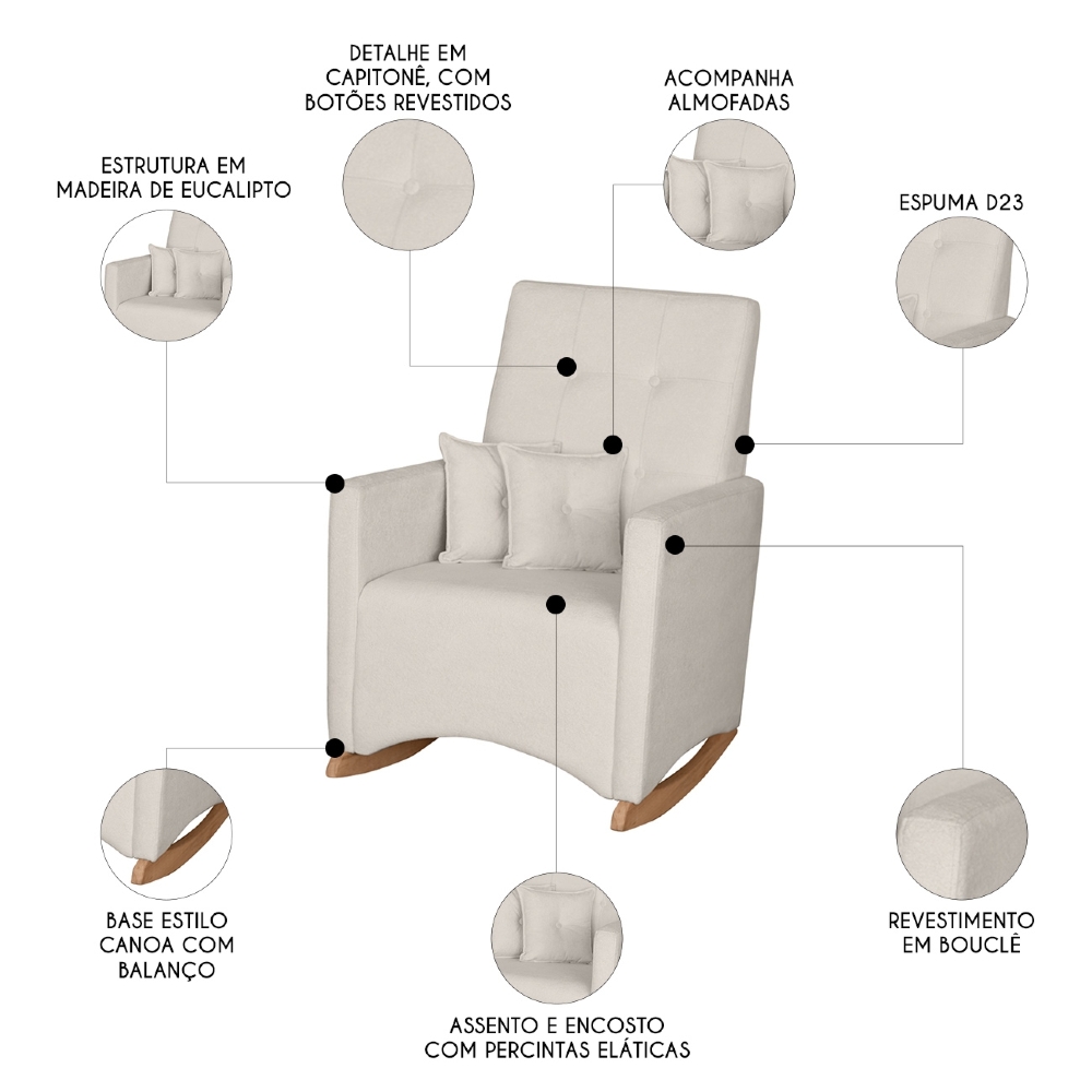 Poltrona Amamentação Base Madeira Balanço Lola Bouclê Off F03 - Mpozenato