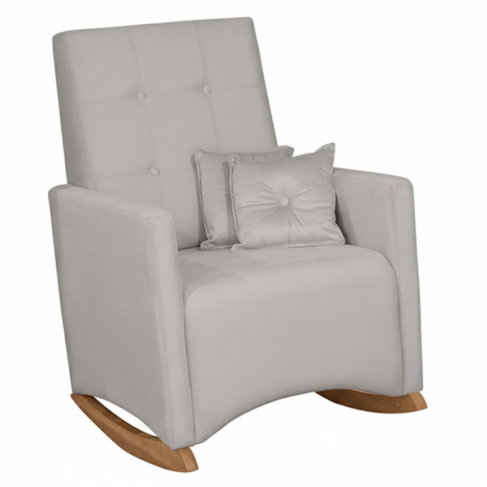 Poltrona Amamentação Base Madeira Balanço Lola Veludo Cinza F03 - Mpozenato