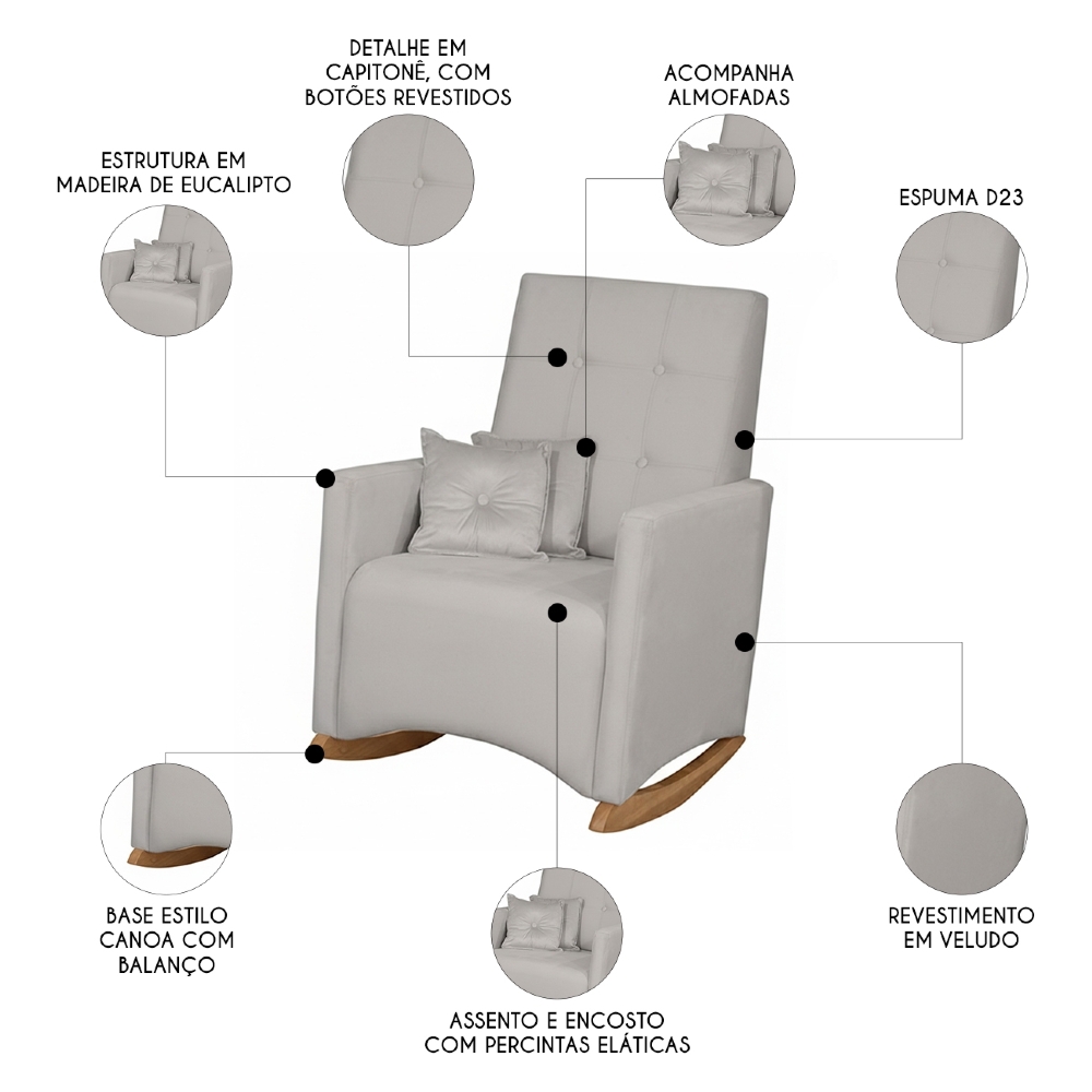 Poltrona Amamentação Base Madeira Balanço Lola Veludo Cinza F03 - Mpozenato
