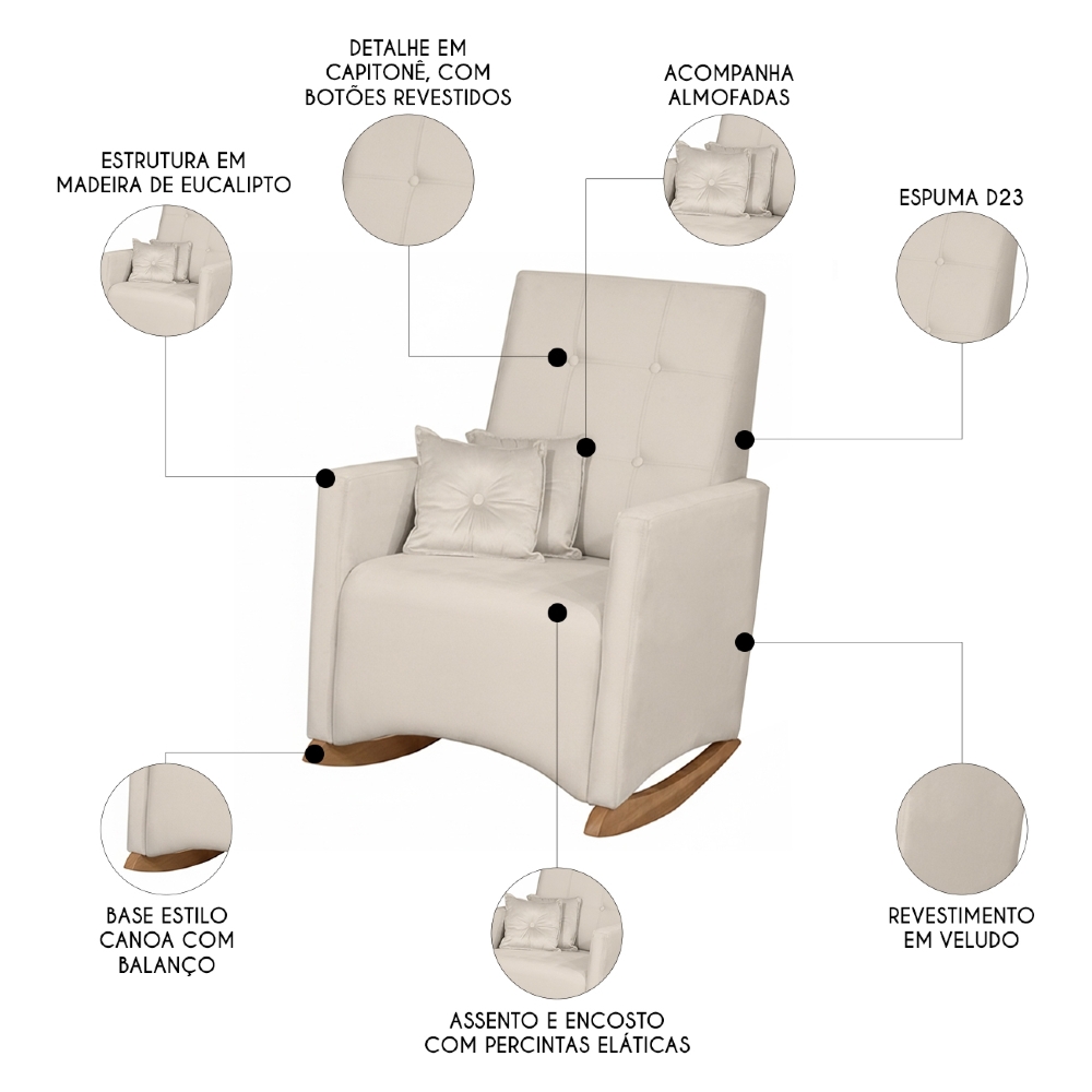 Poltrona Amamentação Base Madeira Balanço Lola Veludo Off F03 - Mpozenato