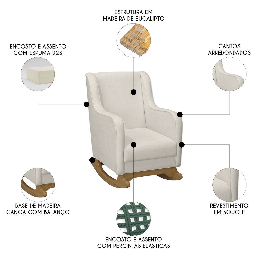 Poltrona Amamentação Base Madeira Balanço Vick Bouclê Off F03 - Mpozenato