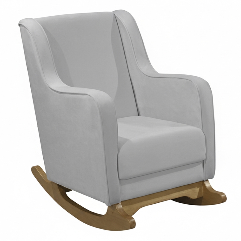 Poltrona Amamentação Base Madeira Balanço Vick Veludo Cinza F03 - Mpozenato