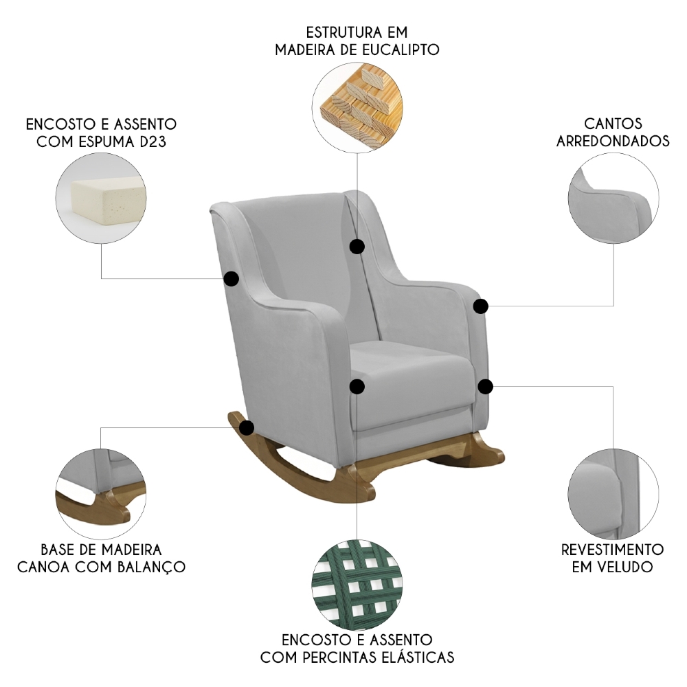 Poltrona Amamentação Base Madeira Balanço Vick Veludo Cinza F03 - Mpozenato