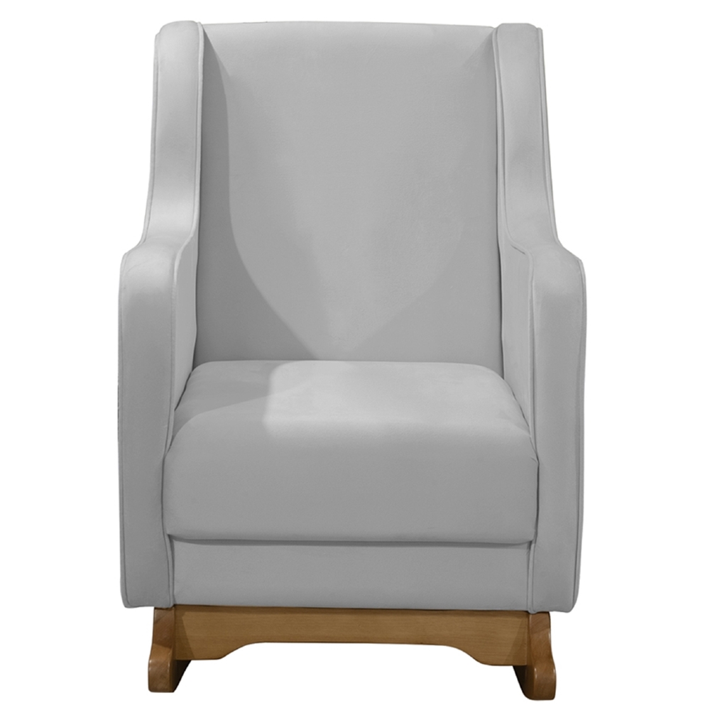 Poltrona Amamentação Base Madeira Balanço Vick Veludo Cinza F03 - Mpozenato