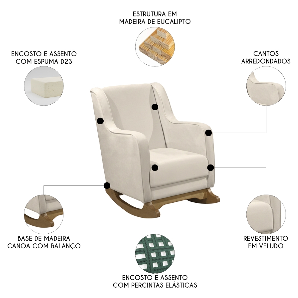 Poltrona Amamentação Base Madeira Balanço Vick Veludo Off F03 - Mpozenato