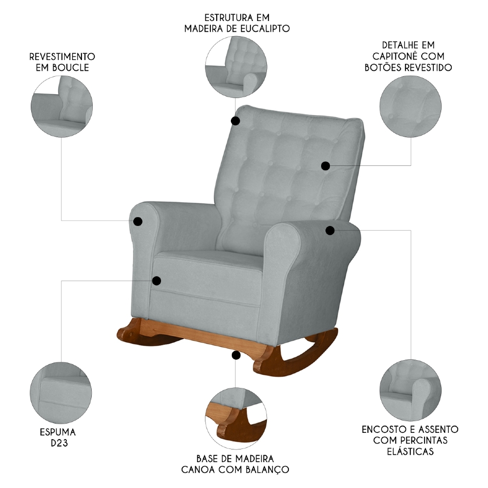 Poltrona Amamentação Base Madeira Balanço Maju Bouclê Cinza F03 - Mpozenato