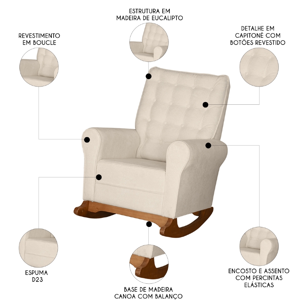 Poltrona Amamentação Base Madeira Balanço Maju Bouclê Off F03 - Mpozenato
