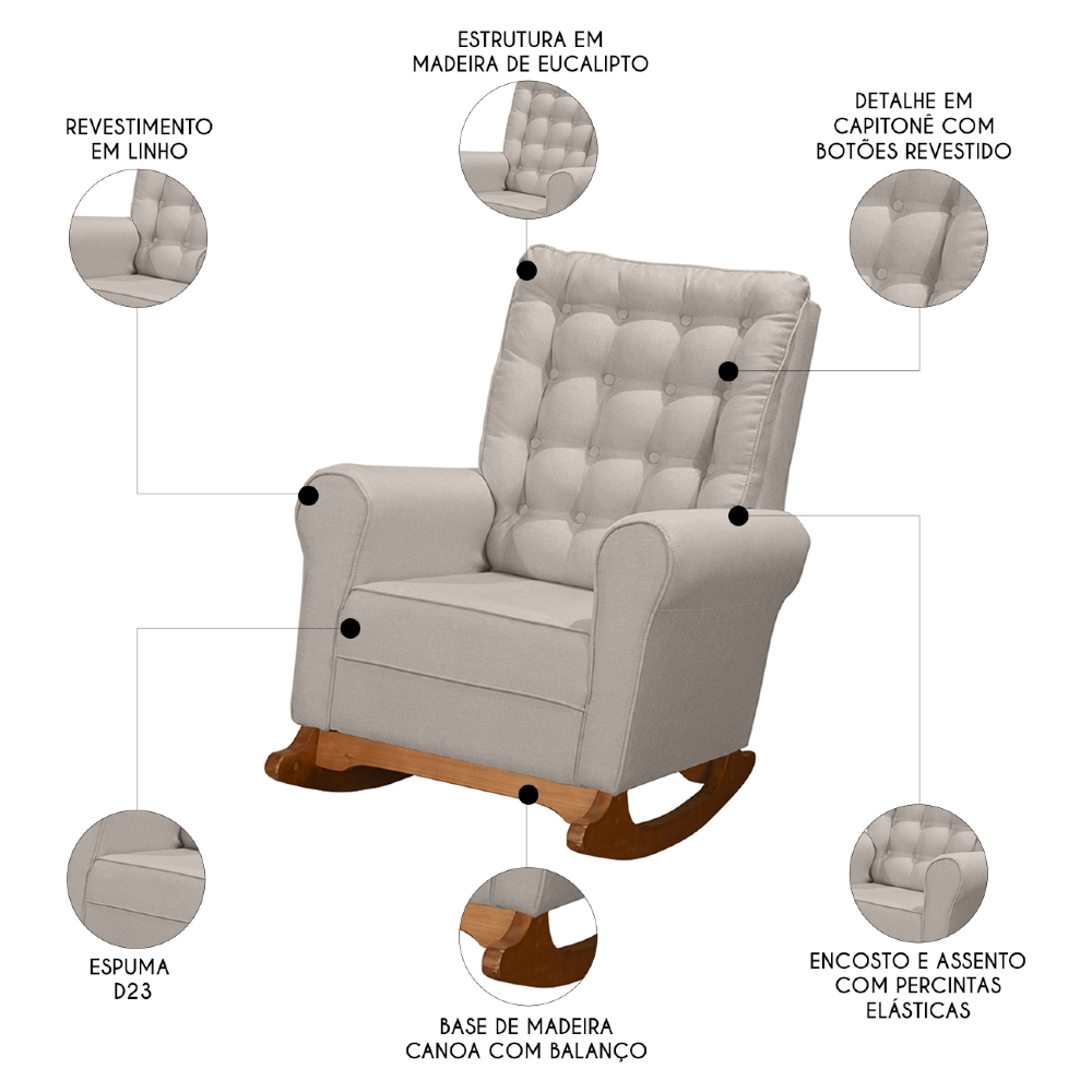 Poltrona Amamentação Base Madeira Balanço Maju Linho Bege F03 - Mpozenato