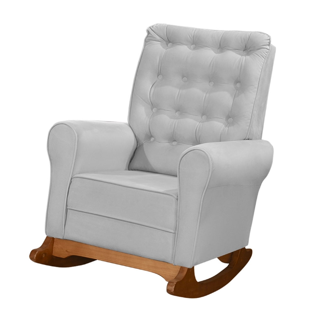 Poltrona Amamentação Base Madeira Balanço Maju Veludo Cinza F03 - Mpozenato