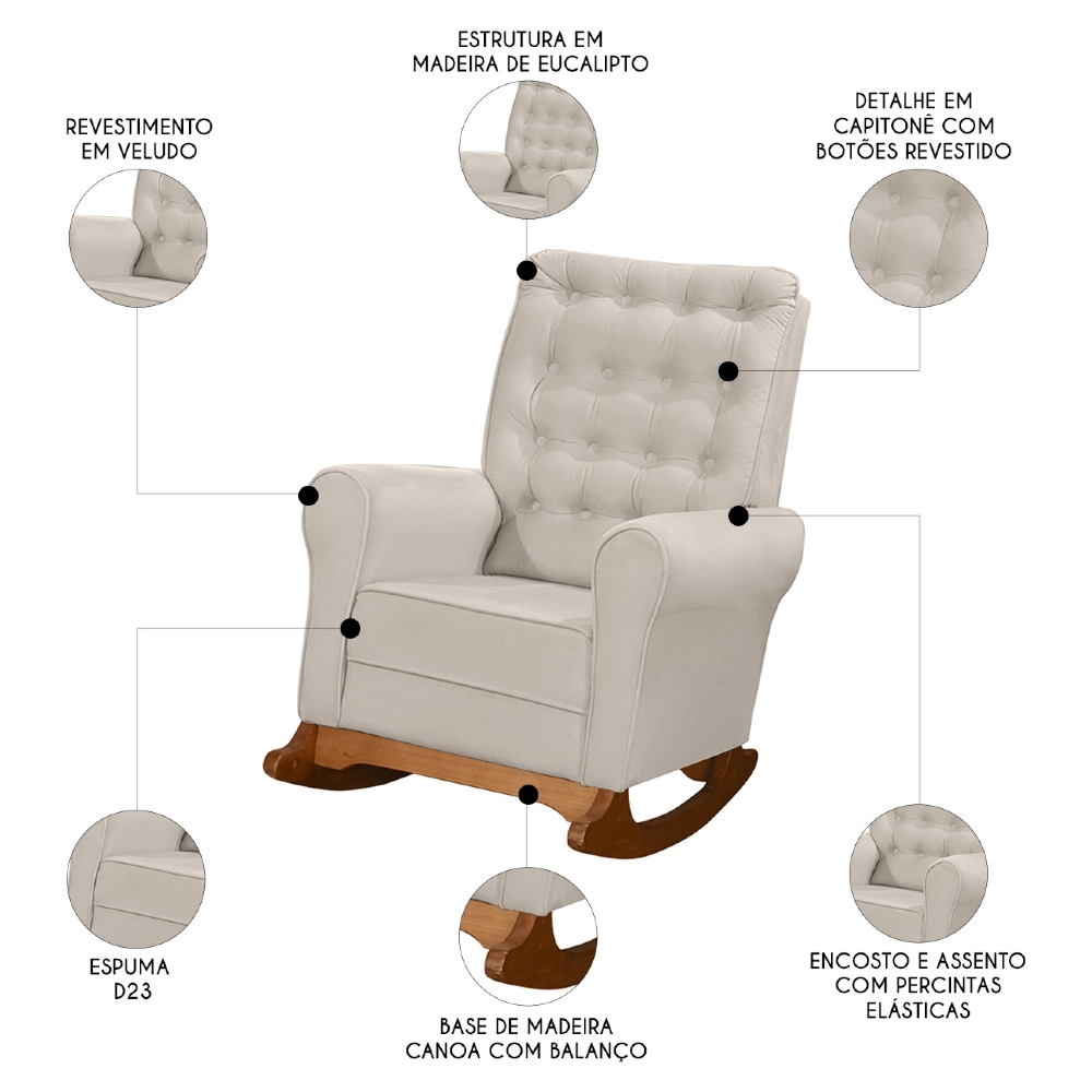 Poltrona Amamentação Base Madeira Balanço Maju Veludo Off F03 - Mpozenato