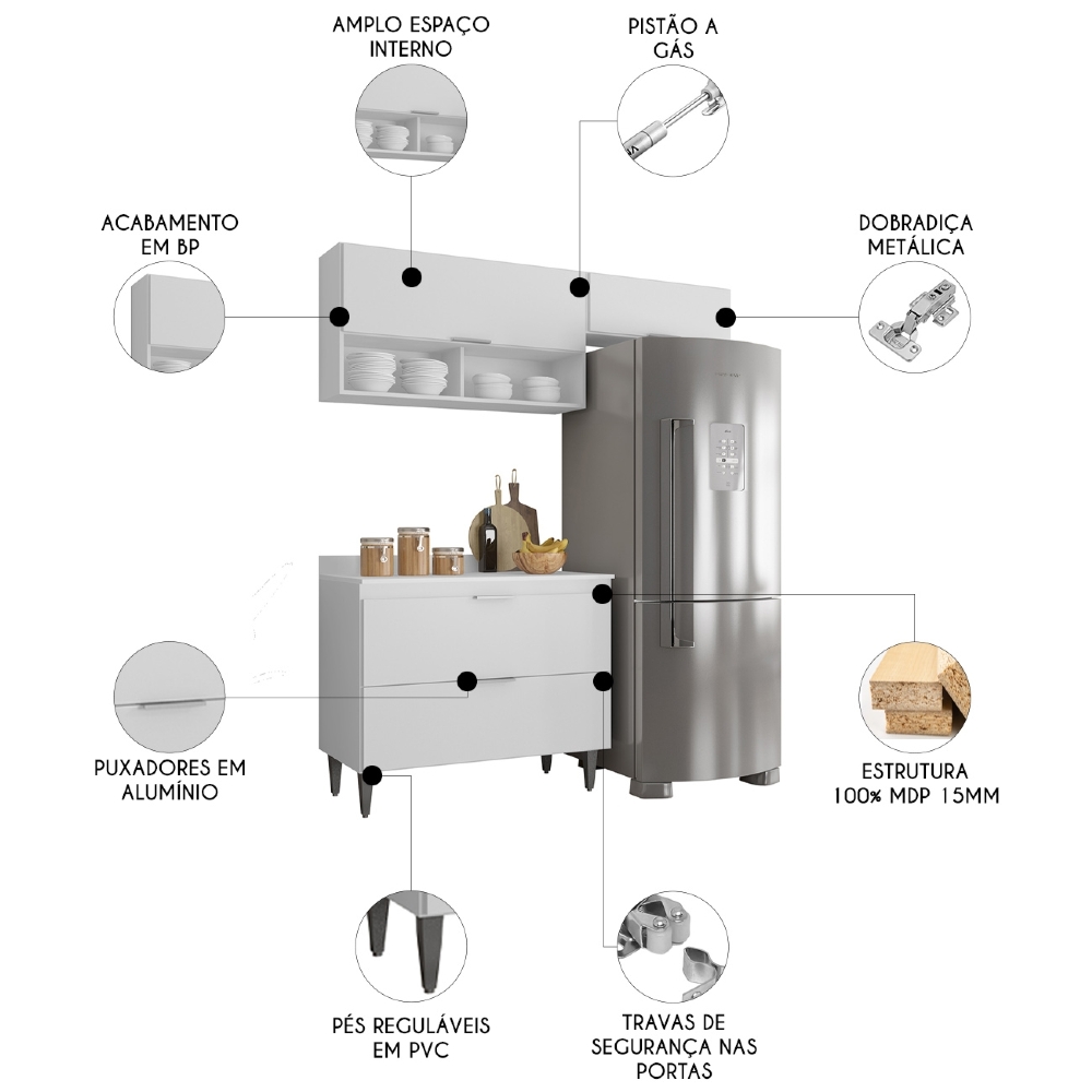 Armário de Cozinha Com Tampo CP03 170cm Pérola Branco Z34     - Mpozenato