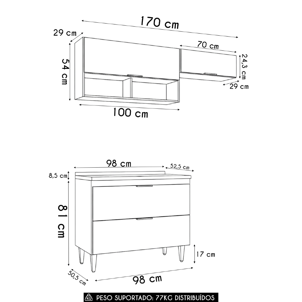 Armário de Cozinha Com Tampo CP03 170cm Pérola Branco Z34     - Mpozenato