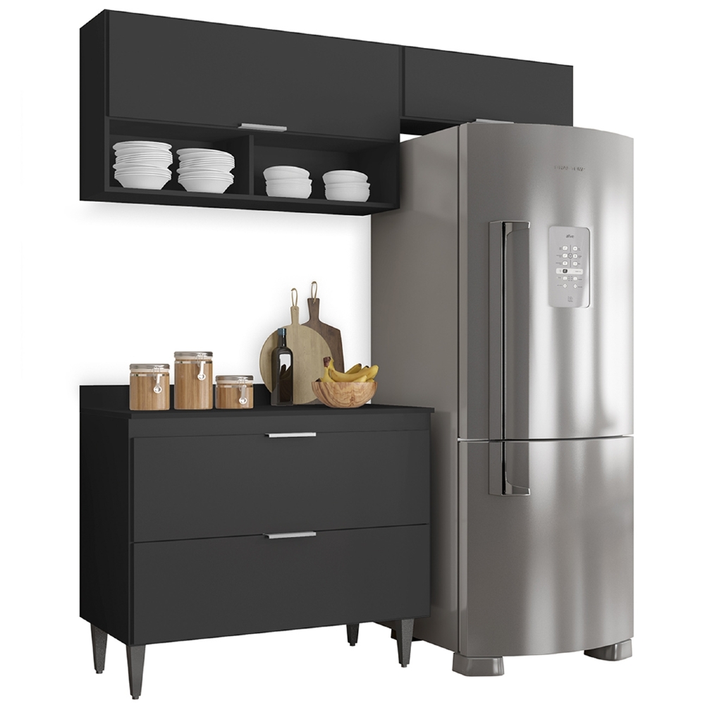 Armário de Cozinha Com Tampo CP03 170cm Pérola Preto Z34      - Mpozenato