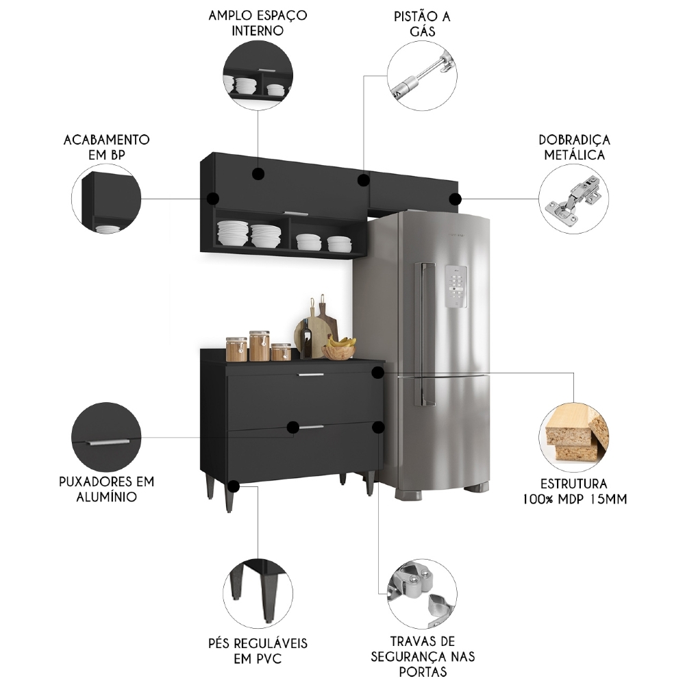 Armário de Cozinha Com Tampo CP03 170cm Pérola Preto Z34      - Mpozenato