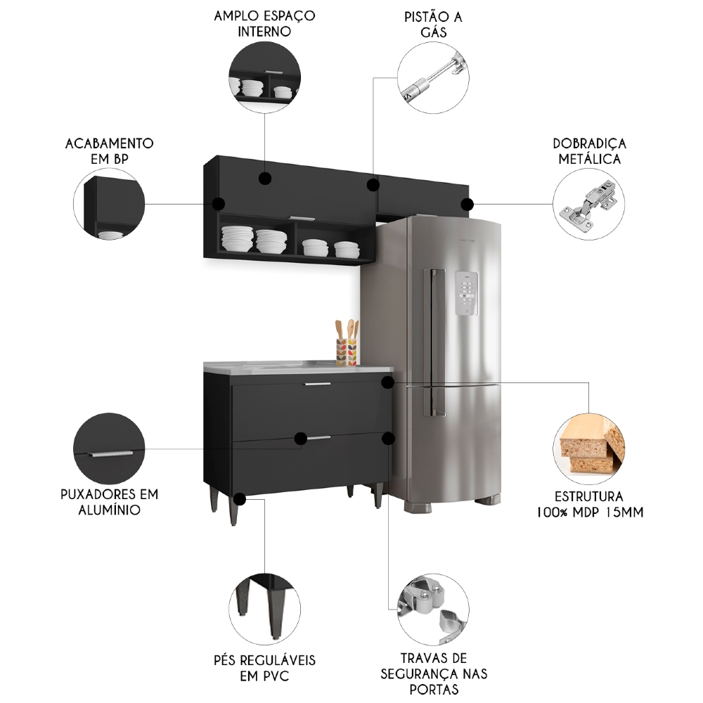 Armário de Cozinha CP03 Com Pia 100cm Pérola Z34 Preto      - Mpozenato