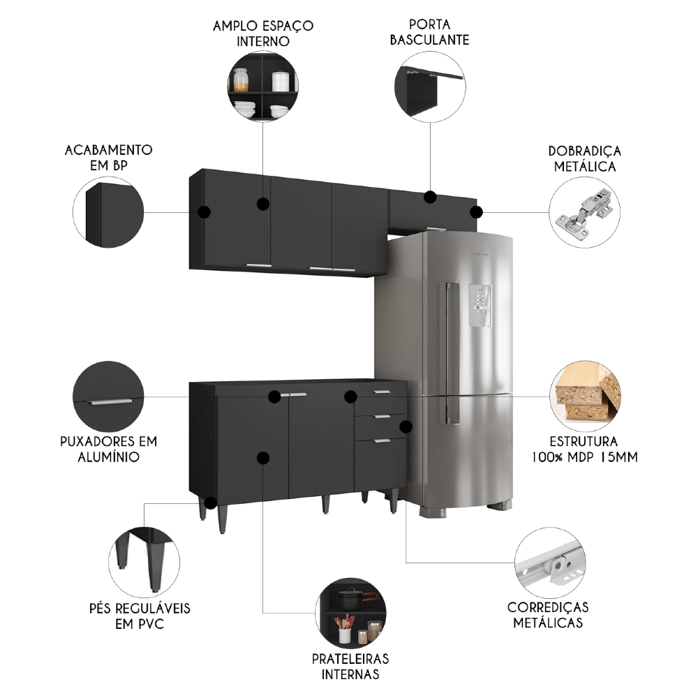 Armário de Cozinha CP03 Para Pia 120cm Pérola Z34 Preto     - Mpozenato