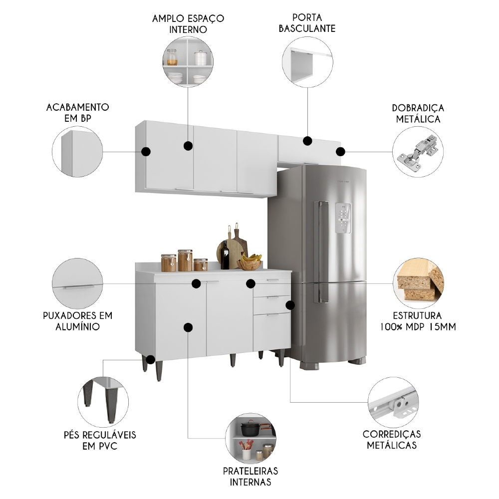 Armário de Cozinha Com Tampo CP03 190cm Pérola Branco Z34     - Mpozenato