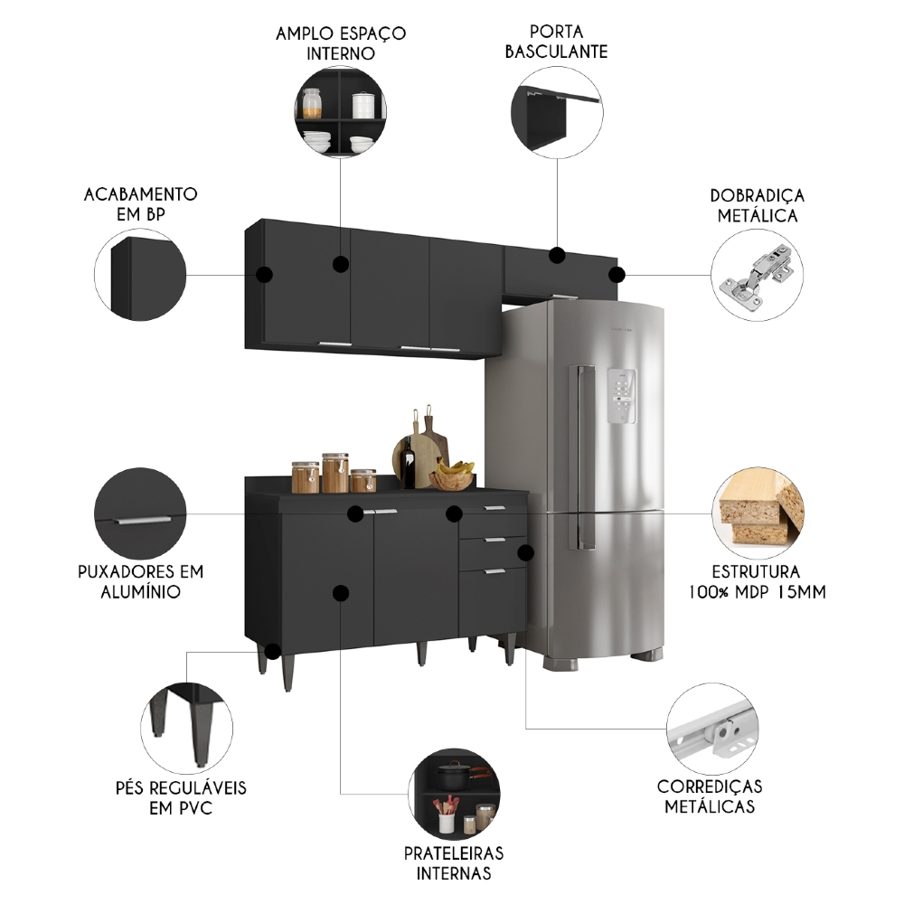 Armário de Cozinha Com Tampo CP03 190cm Pérola Preto Z34      - Mpozenato