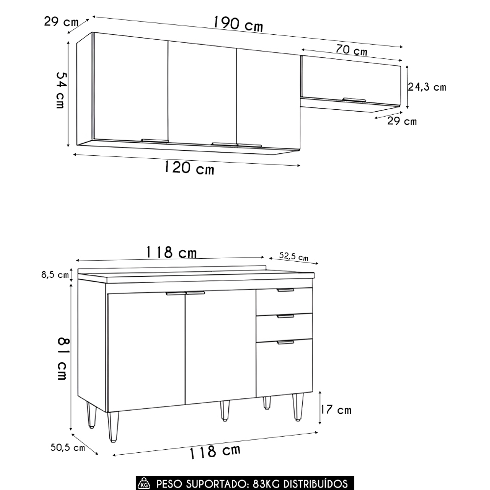 Armário de Cozinha Com Tampo CP03 190cm Pérola Preto Z34      - Mpozenato