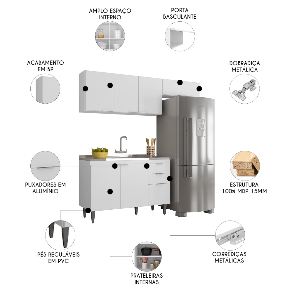 Armário de Cozinha CP03 Com Pia 120cm Pérola Z34 Branco     - Mpozenato
