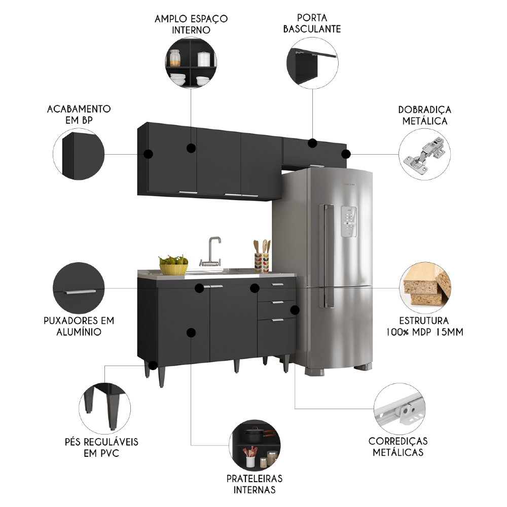 Armário de Cozinha CP03 Com Pia 120cm Pérola Z34 Preto      - Mpozenato