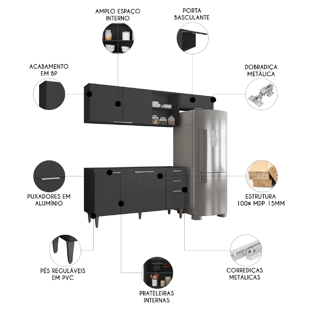 Armário de Cozinha CP03 Para Pia 150cm Pérola Z34 Preto     - Mpozenato