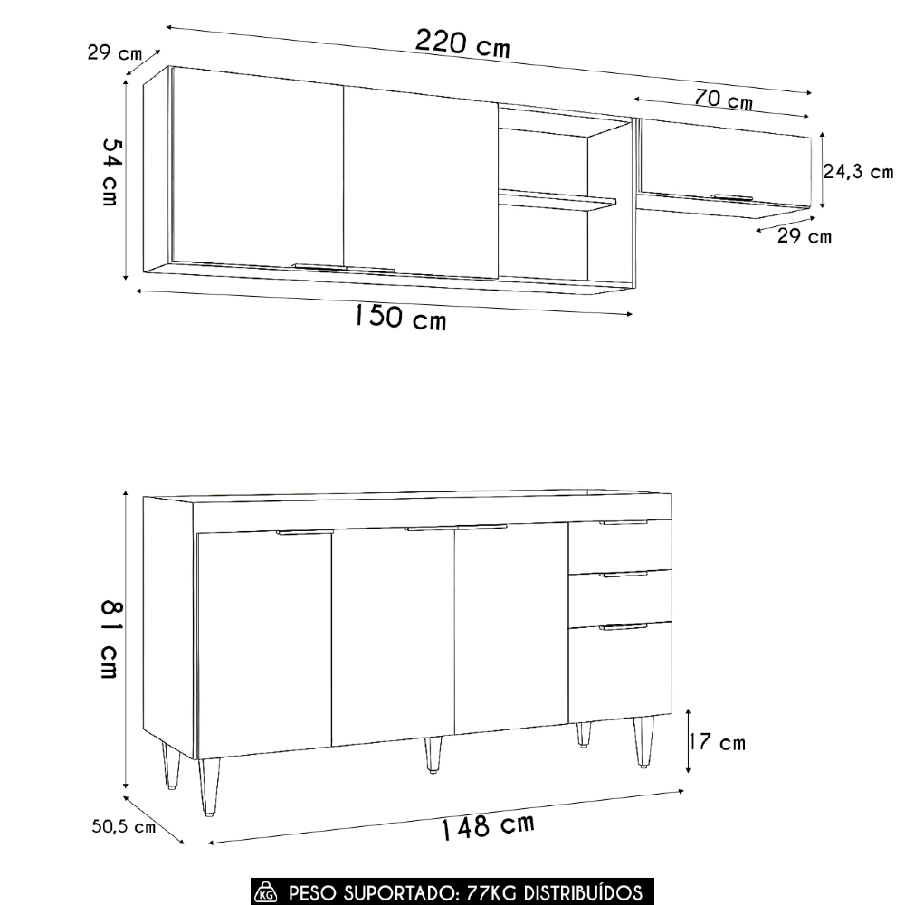 Armário de Cozinha CP03 Para Pia 150cm Pérola Z34 Preto     - Mpozenato
