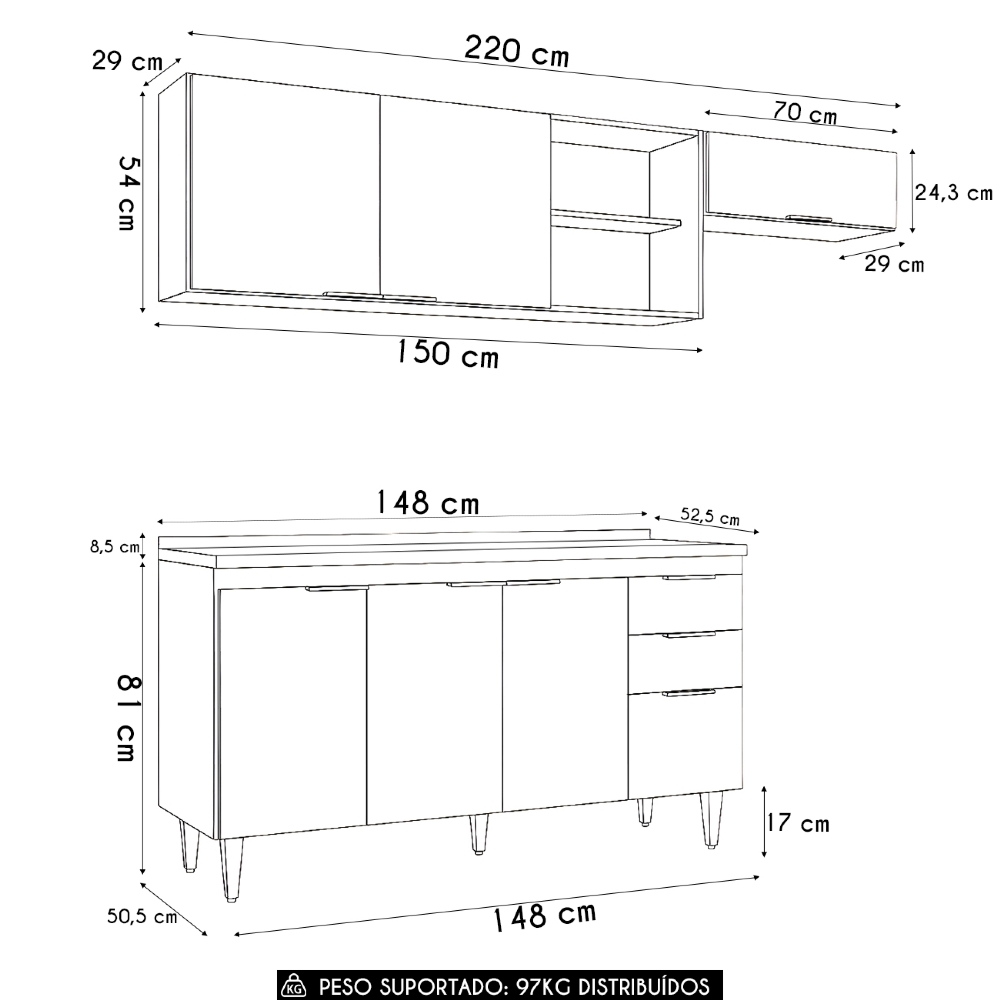 Armário de Cozinha Com Tampo CP03 220cm Pérola Branco Z34     - Mpozenato