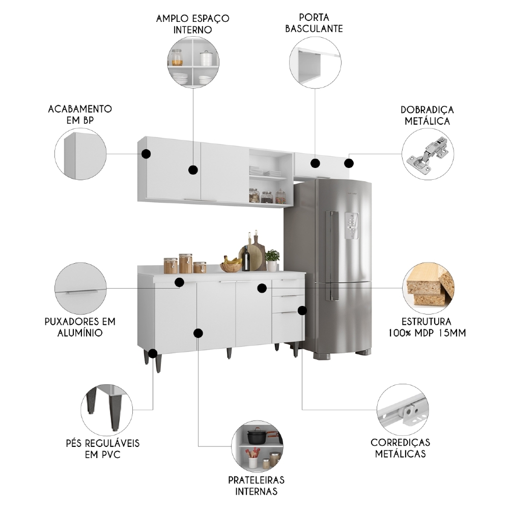 Armário de Cozinha Com Tampo CP03 220cm Pérola Branco Z34     - Mpozenato