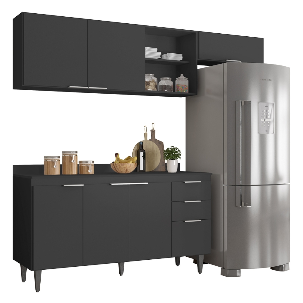 Armário de Cozinha Com Tampo CP03 220cm Pérola Preto Z34      - Mpozenato