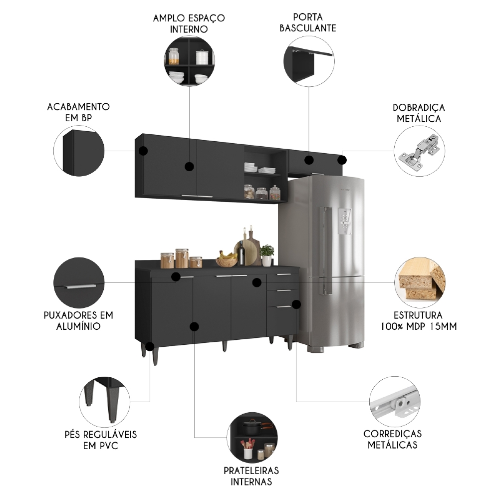 Armário de Cozinha Com Tampo CP03 220cm Pérola Preto Z34      - Mpozenato