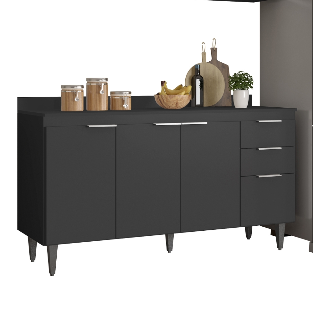 Armário de Cozinha Com Tampo CP03 220cm Pérola Preto Z34      - Mpozenato