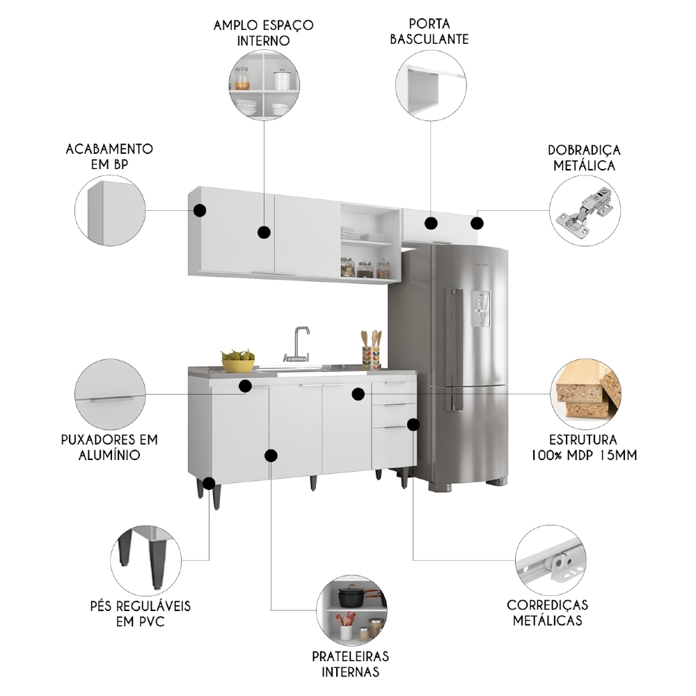 Armário de Cozinha CP03 Com Pia 150cm Pérola Z34 Branco     - Mpozenato