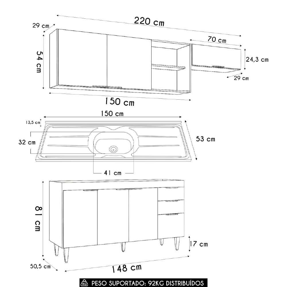 Armário de Cozinha CP03 Com Pia 150cm Pérola Z34 Branco     - Mpozenato