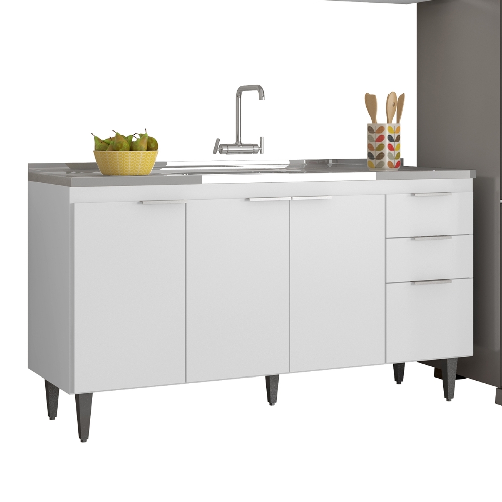Armário de Cozinha CP03 Com Pia 150cm Pérola Z34 Branco     - Mpozenato