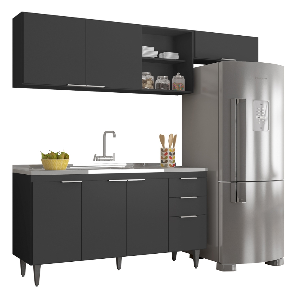 Armário de Cozinha CP03 Com Pia 150cm Pérola Z34 Preto      - Mpozenato