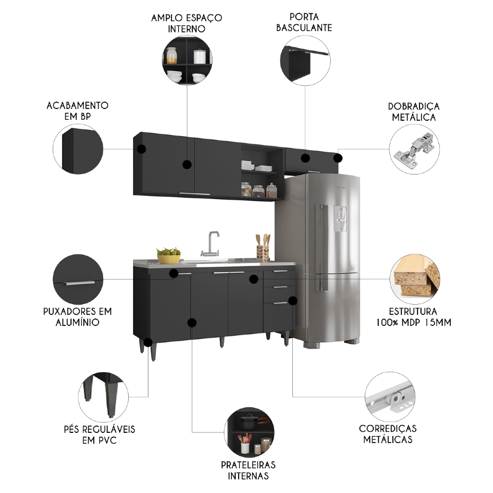 Armário de Cozinha CP03 Com Pia 150cm Pérola Z34 Preto      - Mpozenato