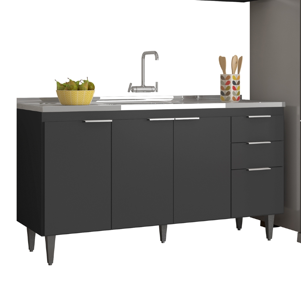 Armário de Cozinha CP03 Com Pia 150cm Pérola Z34 Preto      - Mpozenato