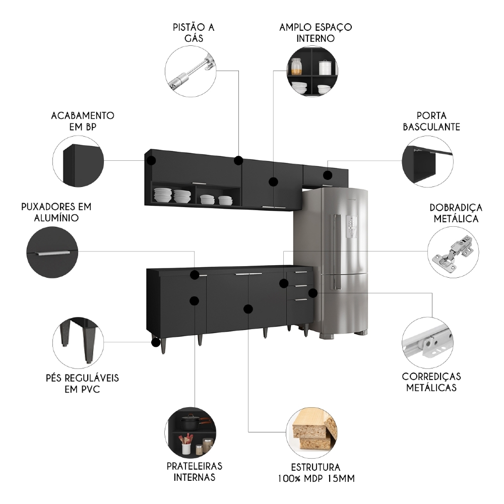 Armário de Cozinha CP03 Para Pia 180cm Pérola Z34 Preto     - Mpozenato