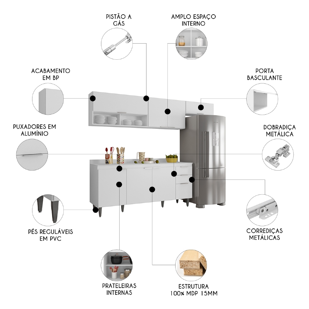 Armário de Cozinha Com Tampo CP03 250cm Pérola Branco Z34     - Mpozenato