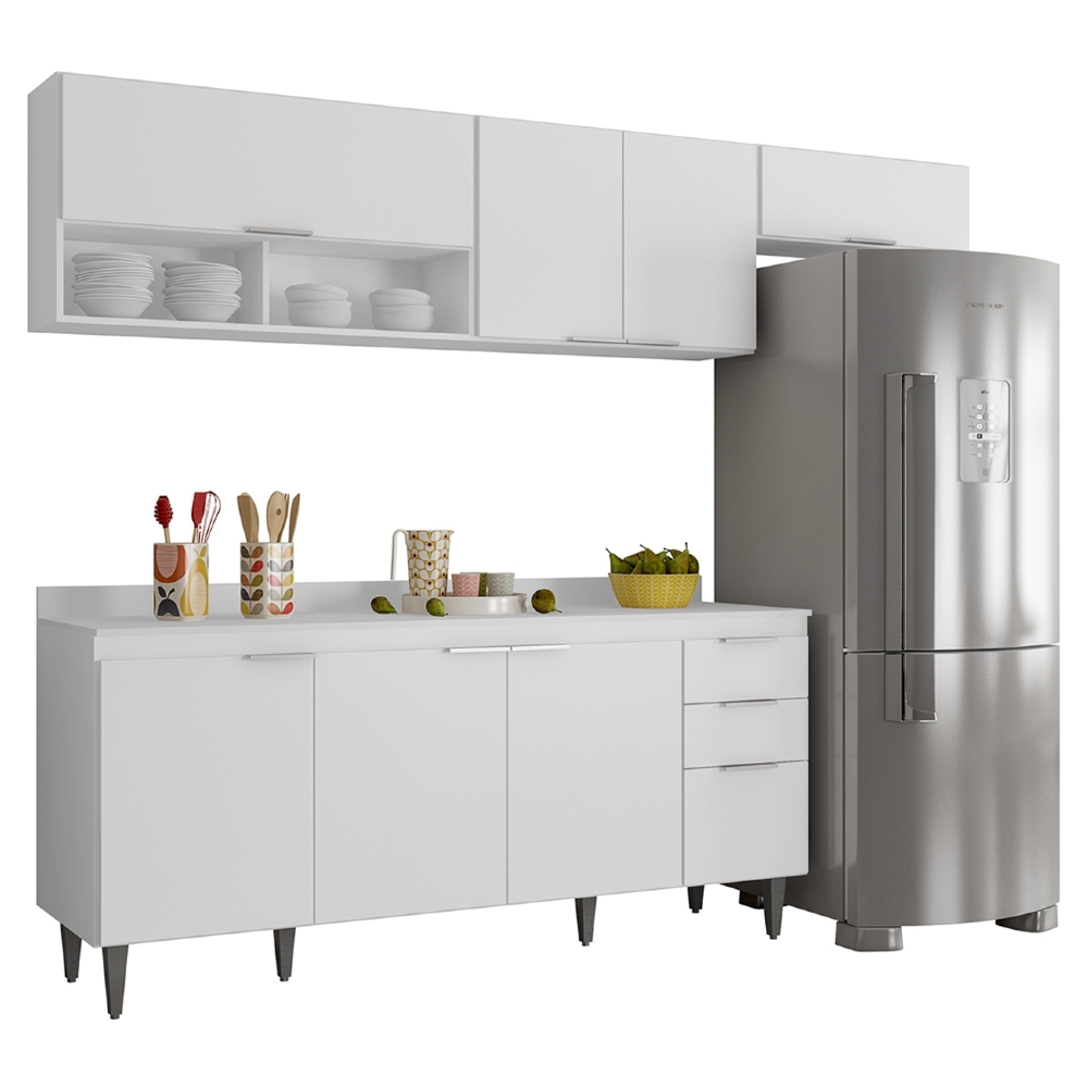 Armário de Cozinha Com Tampo CP03 250cm Pérola Branco Z34     - Mpozenato
