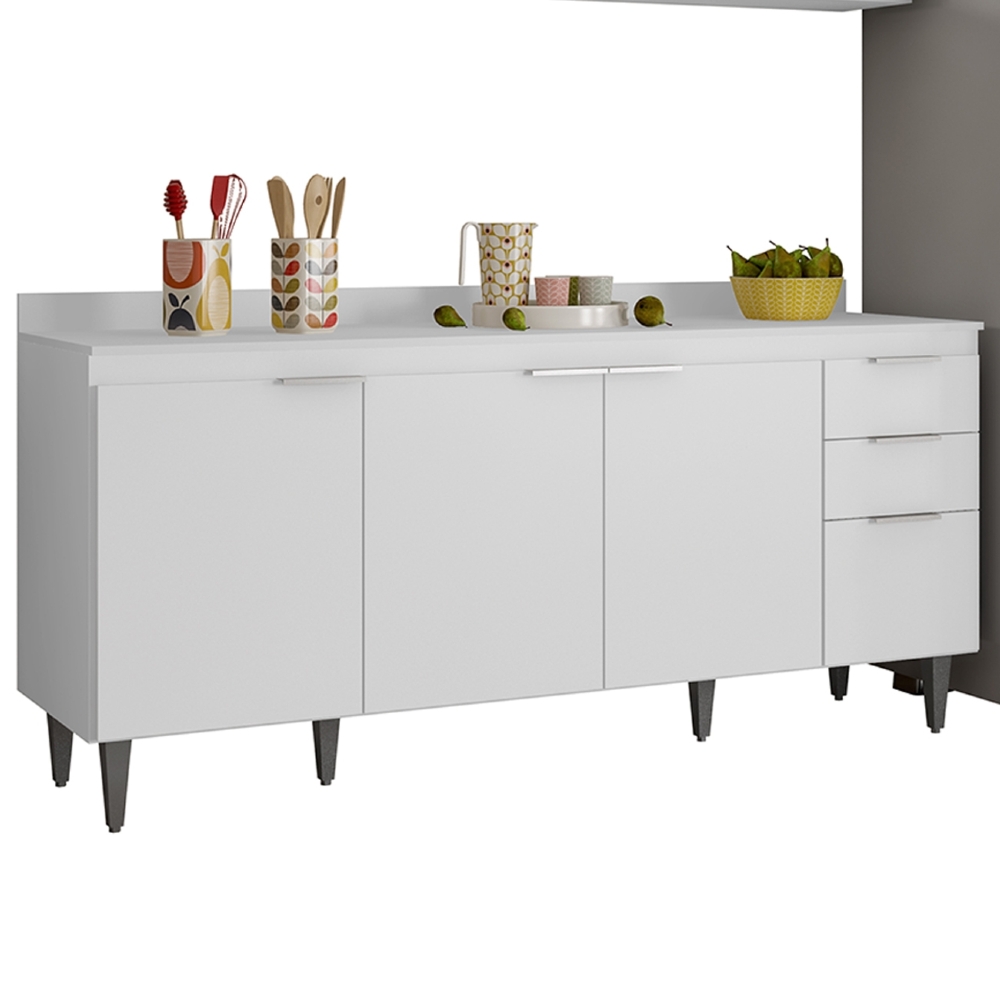 Armário de Cozinha Com Tampo CP03 250cm Pérola Branco Z34     - Mpozenato