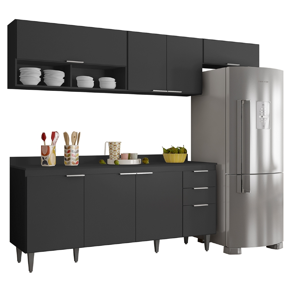 Armário de Cozinha Com Tampo CP03 250cm Pérola Preto Z34      - Mpozenato