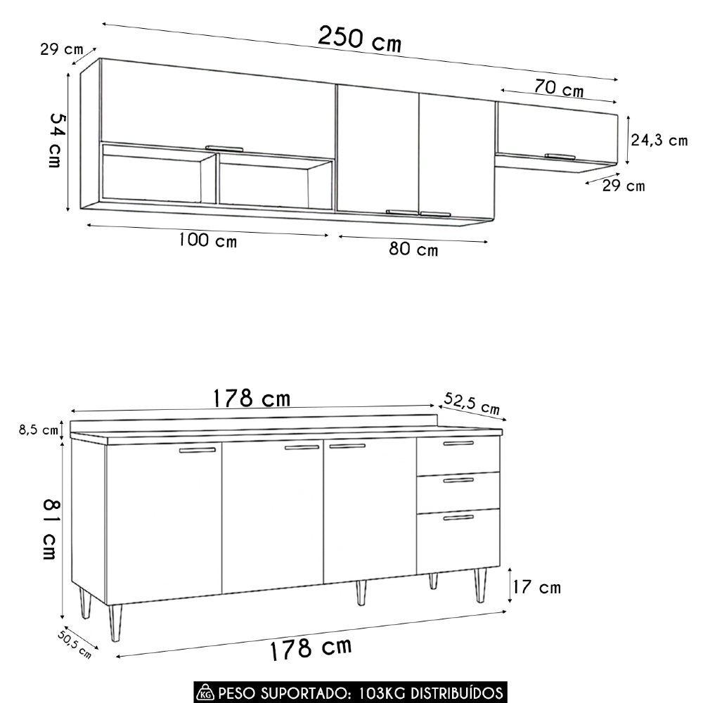 Armário de Cozinha Com Tampo CP03 250cm Pérola Preto Z34      - Mpozenato