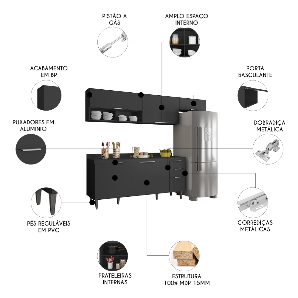 Armário de Cozinha Com Tampo CP03 250cm Pérola Preto Z34      - Mpozenato