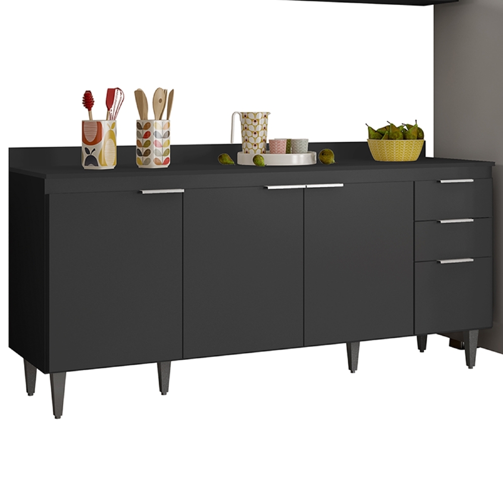 Armário de Cozinha Com Tampo CP03 250cm Pérola Preto Z34      - Mpozenato