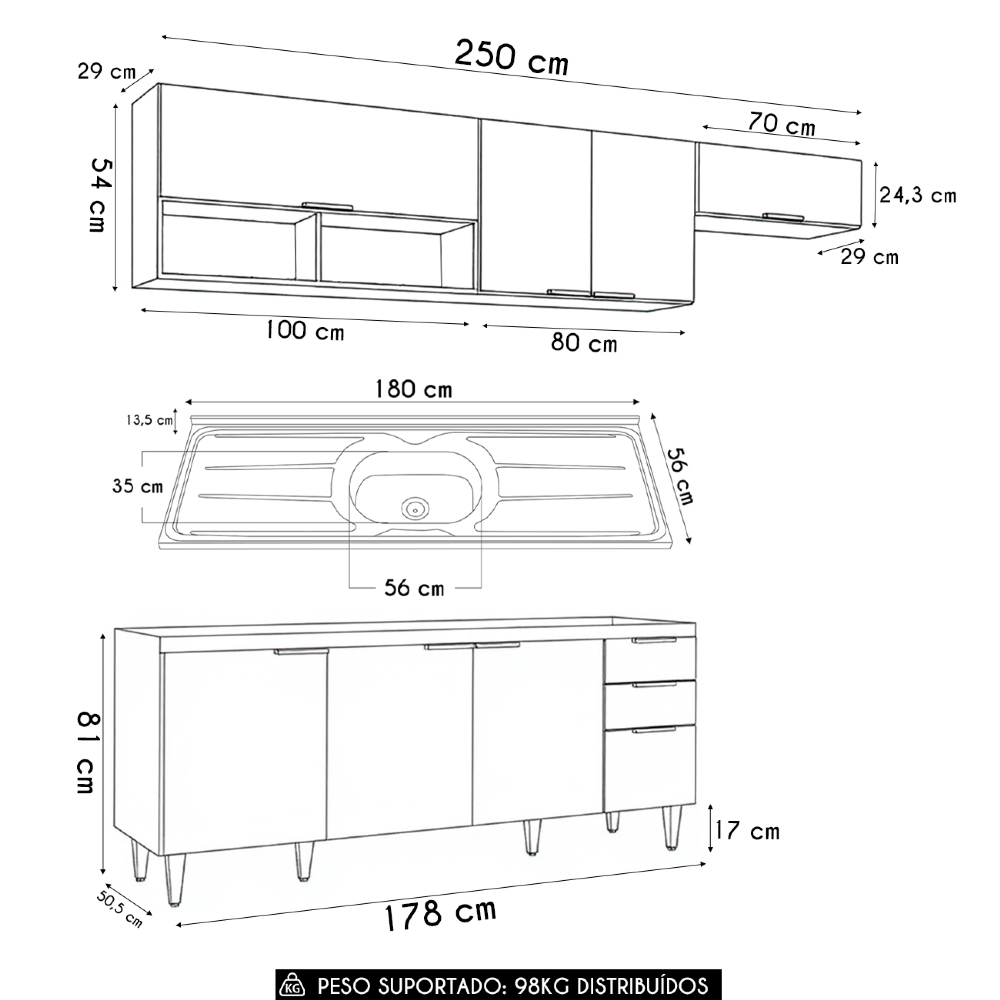 Armário de Cozinha CP03 Com Pia 180cm Pérola Z34 Branco     - Mpozenato